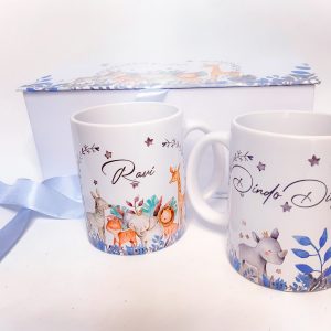 Caixa Personalizada Convite Dindos Batizado | Modelo Bosque Azul - Duas canecas